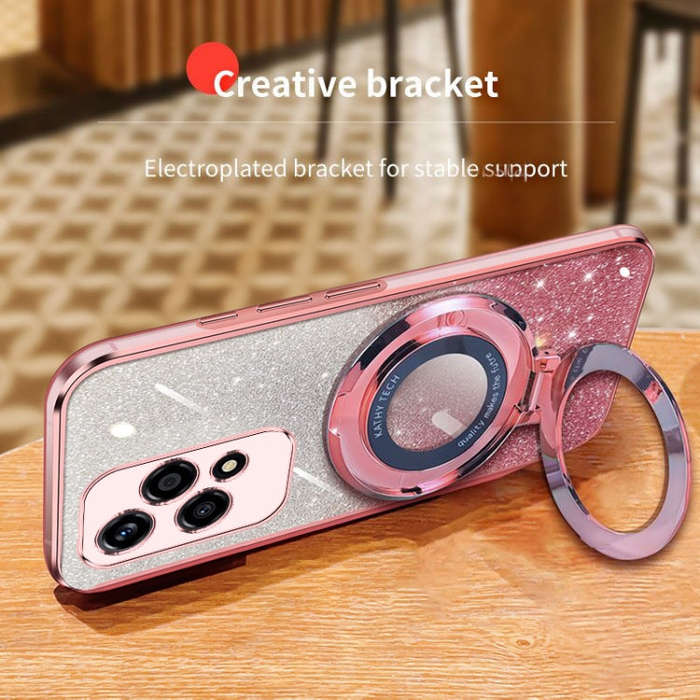 For Honor 200 Lite Global Plated Gradient Glitter Round Holder TPU Phone Case(Pink)
