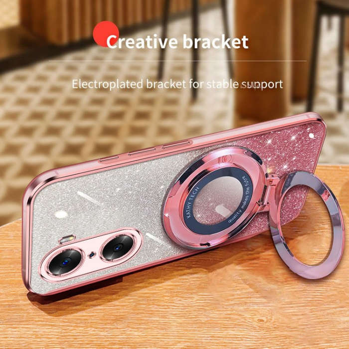 For Honor 60 Plated Gradient Glitter Round Holder TPU Phone Case(Pink)