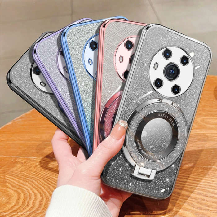 For Honor Magic3 Plated Gradient Glitter Round Holder TPU Phone Case(Silver)