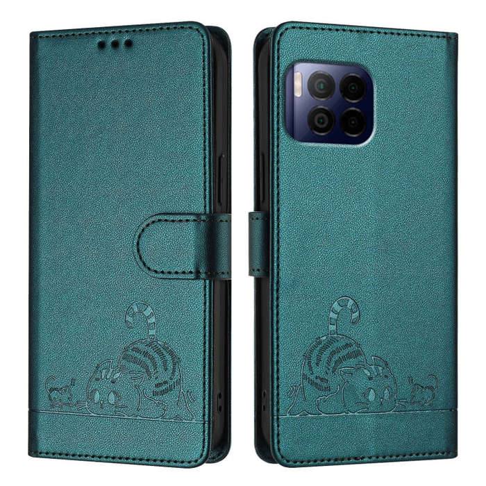 For T-Mobile REVVL 7 Pro 5G Cat Rat Embossed RFID Leather Phone Case with Lanyard(Peacock Green)