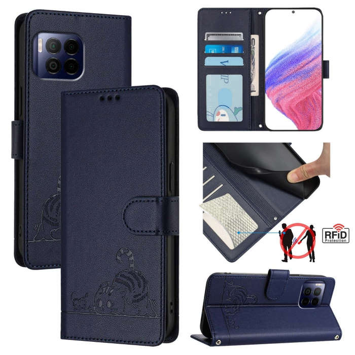 For T-Mobile REVVL 7 Pro 5G Cat Rat Embossed RFID Leather Phone Case with Lanyard(Blue)