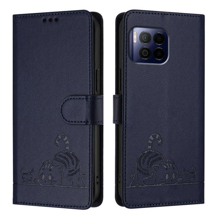 For T-Mobile REVVL 7 Pro 5G Cat Rat Embossed RFID Leather Phone Case with Lanyard(Blue)
