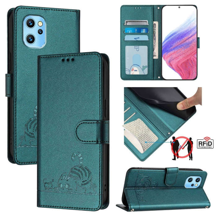 For UMIDIGI Power 7 Max Cat Rat Embossed RFID Leather Phone Case with Lanyard(Peacock Green)