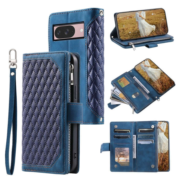 For Google Pixel 9 / 9 Pro Grid Texture Zipper Leather Phone Case with Lanyard(Blue)