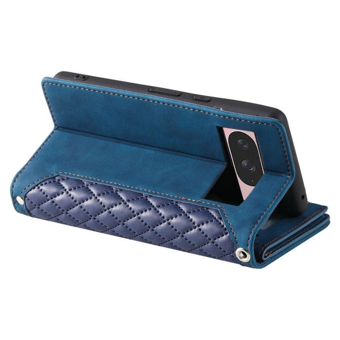For Google Pixel 9 / 9 Pro Grid Texture Zipper Leather Phone Case with Lanyard(Blue)