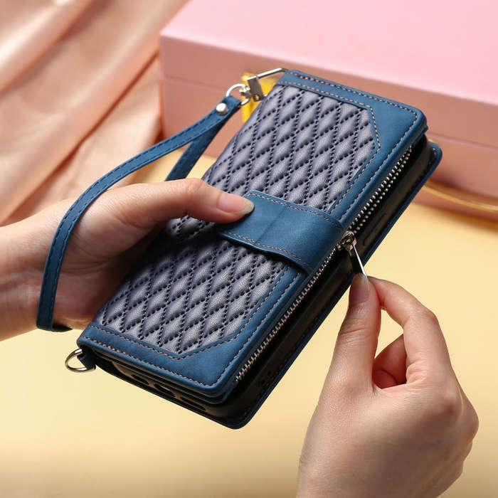 For Google Pixel 9 / 9 Pro Grid Texture Zipper Leather Phone Case with Lanyard(Blue)