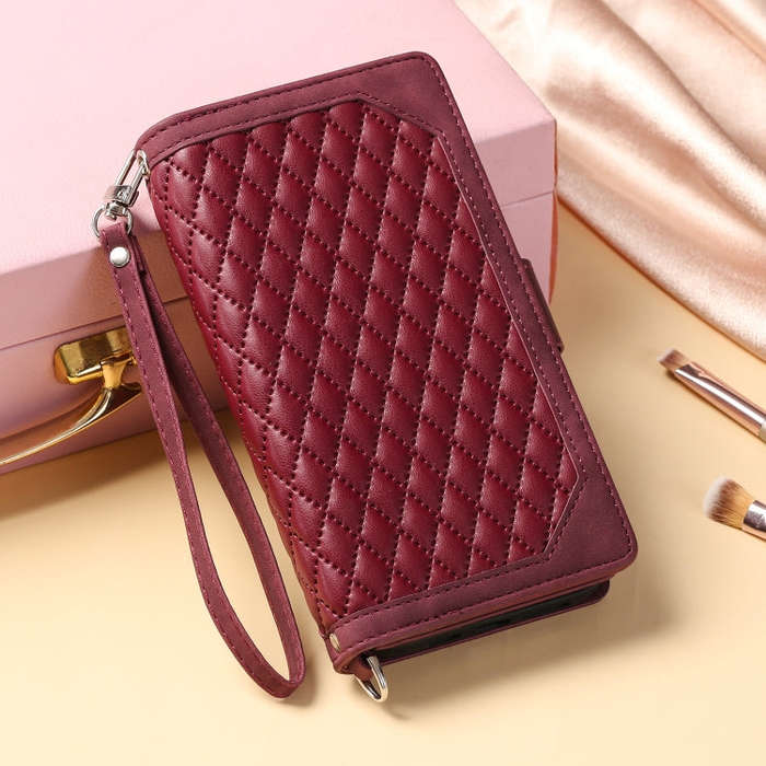 For Google Pixel 9 / 9 Pro Grid Texture Zipper Leather Phone Case with Lanyard(Wine Red)