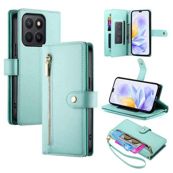 For Honor X8c 4G Nine Card-slot Zipper Wallet Bag Leather Phone Case(Mint Green)