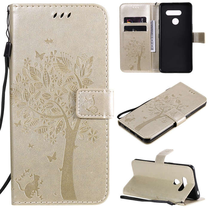 For LG K41S / K51S Tree & Cat Embossed Pattern Horizontal Flip Leather Case with Holder & Card Sl...