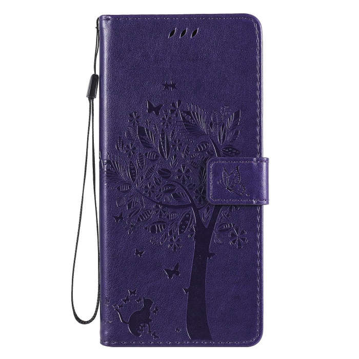 For LG Stylo 6 Tree & Cat Embossed Pattern Horizontal Flip Leather Case with Holder & Card Slots ...
