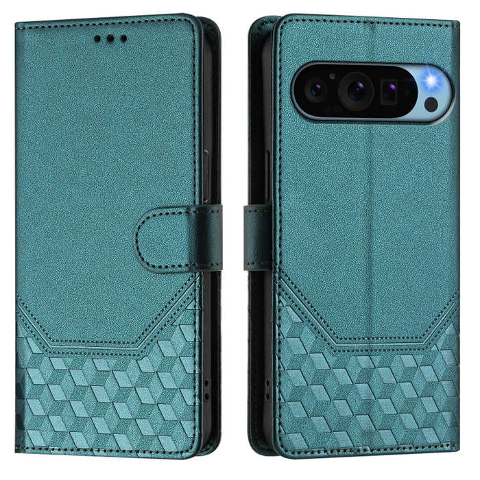 For Google Pixel 9 Pro XL Honeycomb Embossing RFID Leather Phone Case(Peacock Green)