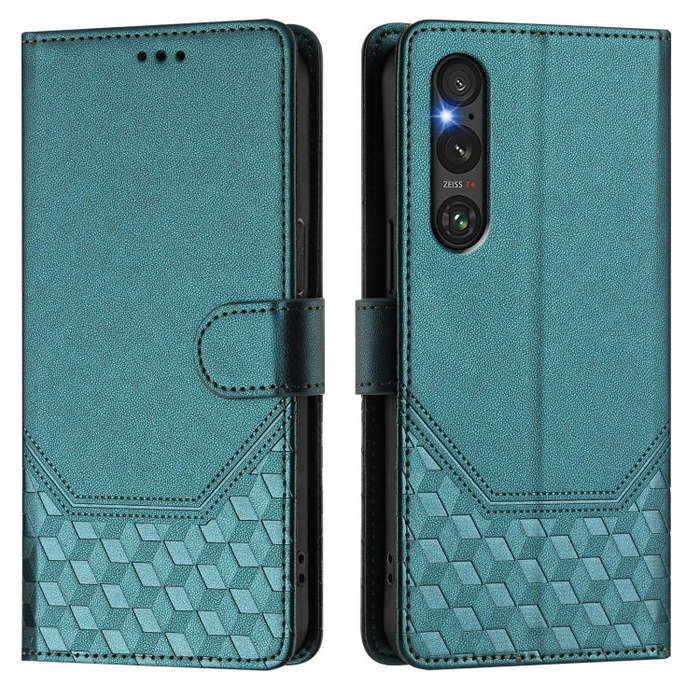 For Sony Xperia 1 V 2023 Honeycomb Embossing RFID Leather Phone Case(Peacock Green)