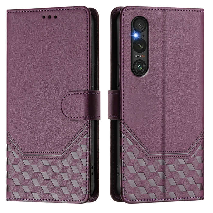 For Sony Xperia 1 V 2023 Honeycomb Embossing RFID Leather Phone Case(Violet)