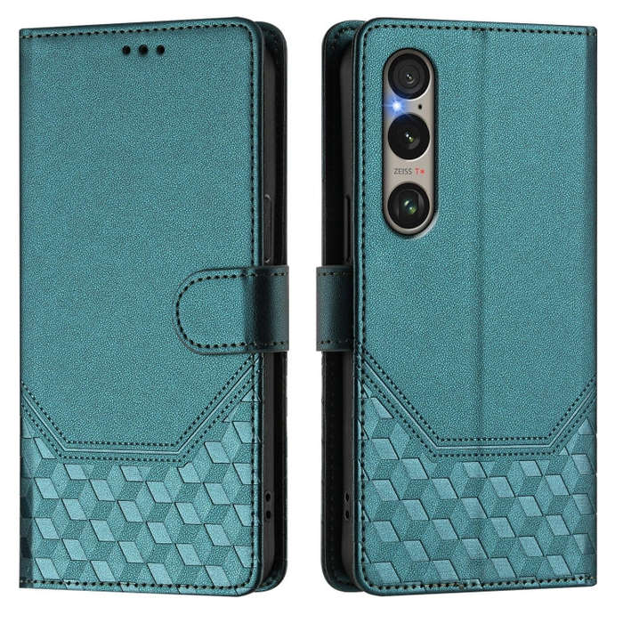 For Sony Xperia 1 VI 2024 Honeycomb Embossing RFID Leather Phone Case(Peacock Green)