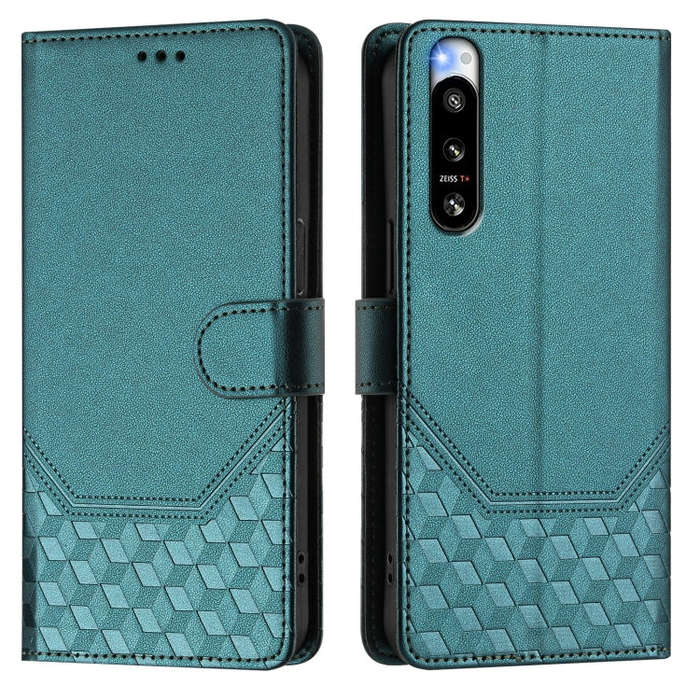For Sony Xperia 5 IV Honeycomb Embossing RFID Leather Phone Case(Peacock Green)
