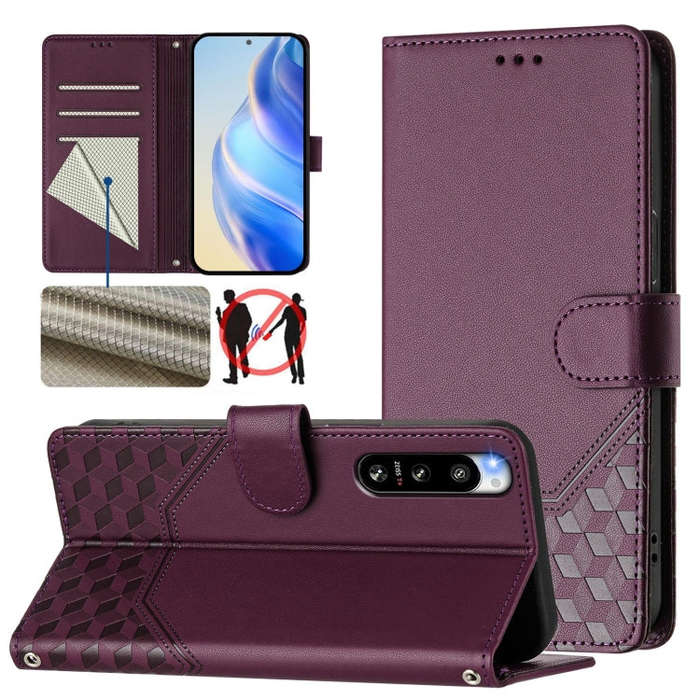 For Sony Xperia 5 IV Honeycomb Embossing RFID Leather Phone Case(Violet)