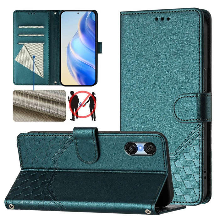 For Sony Xperia 10 VI 2024 Honeycomb Embossing RFID Leather Phone Case(Peacock Green)