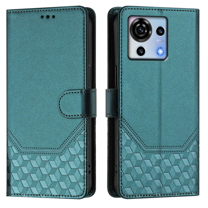For ZTE Blade V50 Vita Honeycomb Embossing RFID Leather Phone Case(Peacock Green)