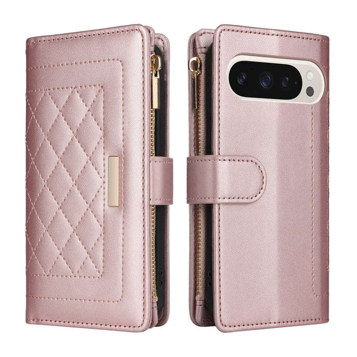 For Google Pixel 9 / 9 Pro Crossbody Zipper Wallet Rhombus Leather Phone Case(Rose Gold)