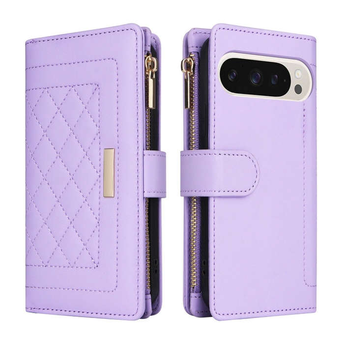 For Google Pixel 9 / 9 Pro Crossbody Zipper Wallet Rhombus Leather Phone Case(Purple)