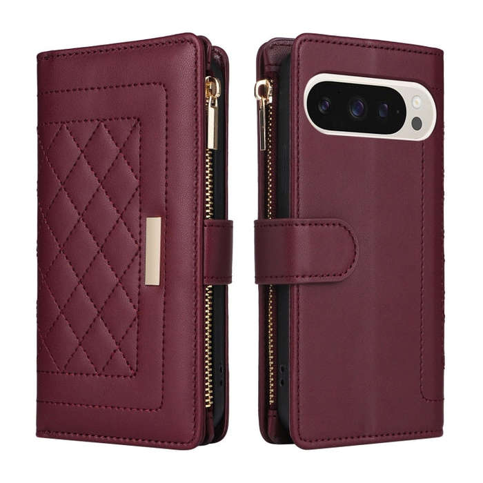 For Google Pixel 9 / 9 Pro Crossbody Zipper Wallet Rhombus Leather Phone Case(Wine Red)