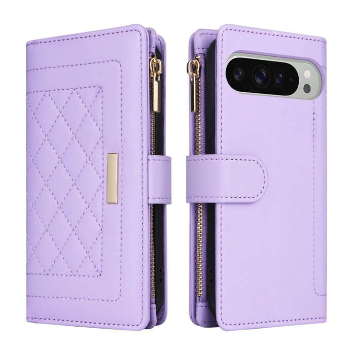 For Google Pixel 9 Pro XL Crossbody Zipper Wallet Rhombus Leather Phone Case(Purple)