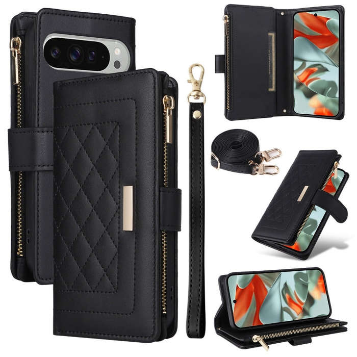 For Google Pixel 9 Pro XL Crossbody Zipper Wallet Rhombus Leather Phone Case(Black)