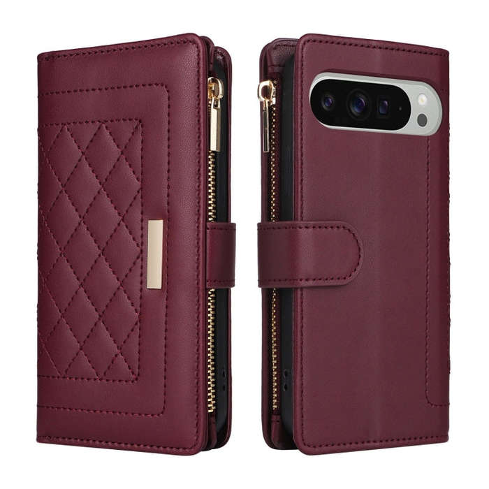 For Google Pixel 9 Pro XL Crossbody Zipper Wallet Rhombus Leather Phone Case(Wine Red)
