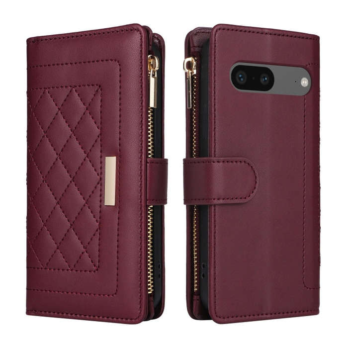 For Google Pixel 7 Crossbody Zipper Wallet Rhombus Leather Phone Case(Wine Red)