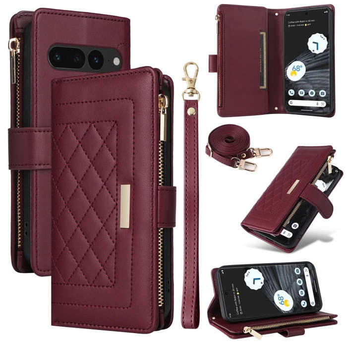 For Google Pixel 7 Pro Crossbody Zipper Wallet Rhombus Leather Phone Case(Wine Red)