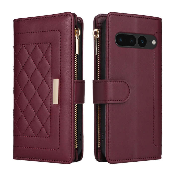 For Google Pixel 7 Pro Crossbody Zipper Wallet Rhombus Leather Phone Case(Wine Red)