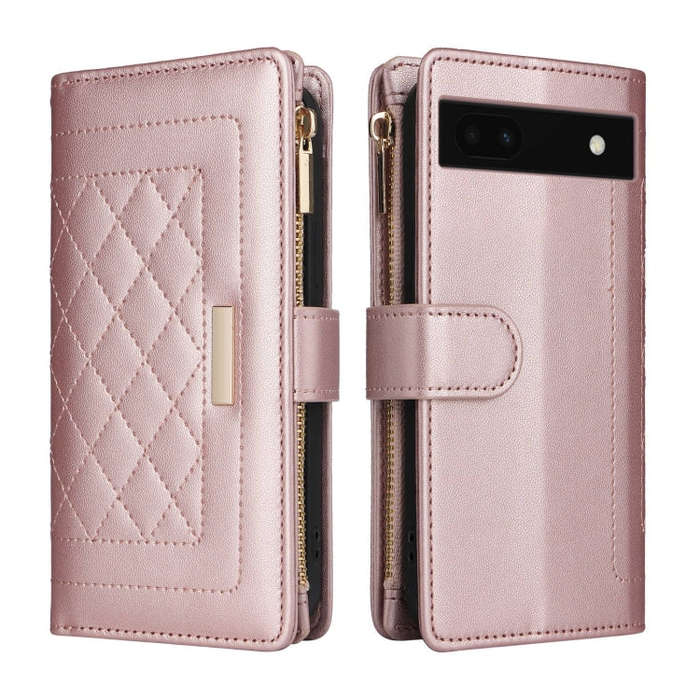 For Google Pixel 6a Crossbody Zipper Wallet Rhombus Leather Phone Case(Rose Gold)