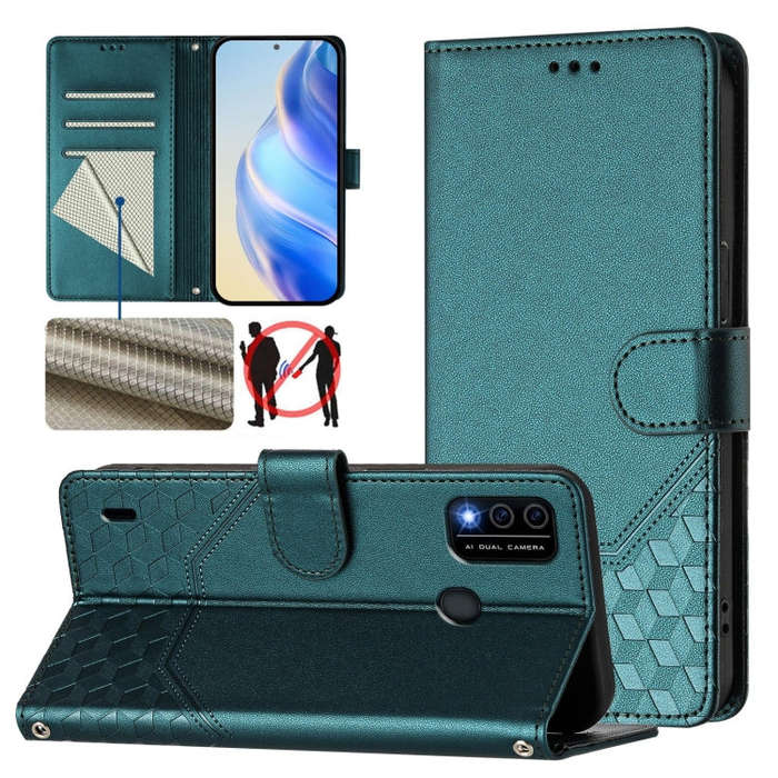 For itel A48 Honeycomb Embossing RFID Leather Phone Case(Peacock Green)