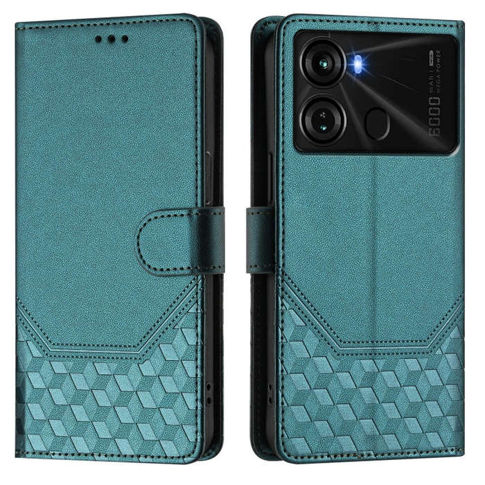 For itel P40 Honeycomb Embossing RFID Leather Phone Case(Peacock Green)