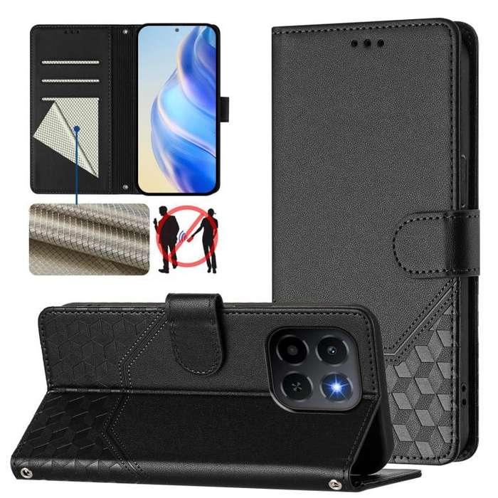For Honor X6c 4G Honeycomb Embossing RFID Leather Phone Case(Black)