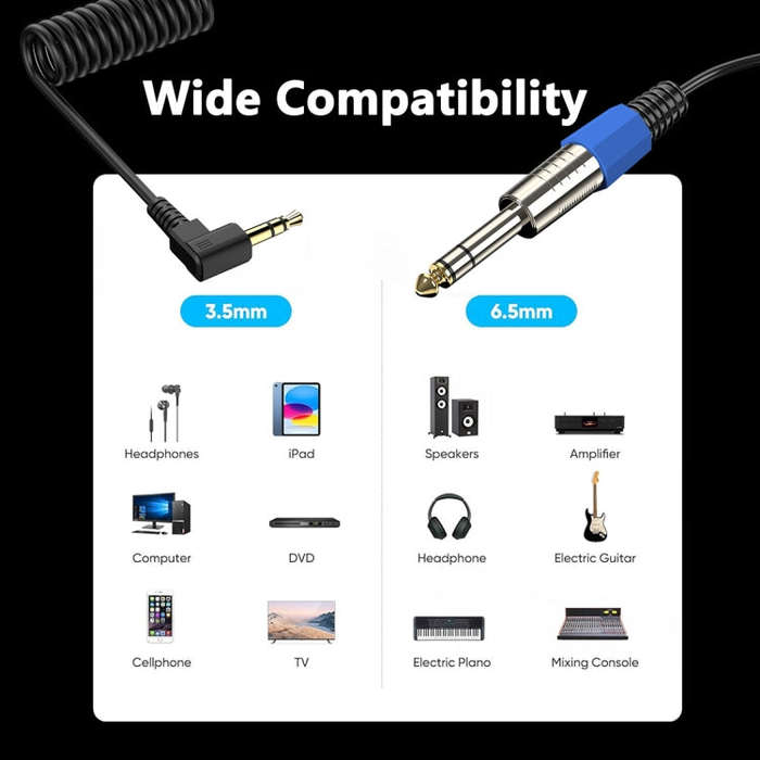 6.5mm to 3.5mm Elbow Guitar Loudspeaker Coiled 6.35mm Audio Cable, Length: 0.5m(Black)