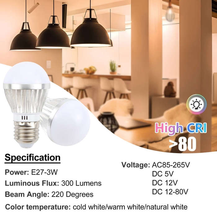 E27 3W 300 Lumens LED Ball Steep Light Bulb, Voltage:DC 12-80V(Cold White Light)