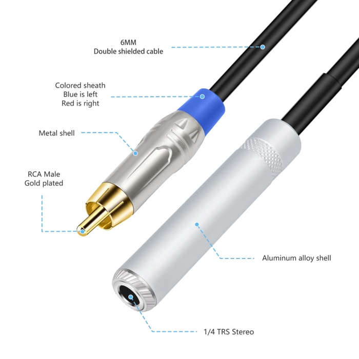 6.35mm 1/4 TRS Stereo Female to Dual RCA Male Y-type Audio Cable, Length:50cm