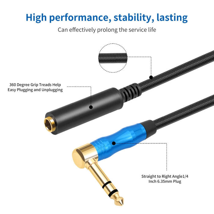 6.35mm 1/4 TRS Male Stereo Elbow to Female Electric Guitar Audio Cable, Length:0.3m(Black Blue)