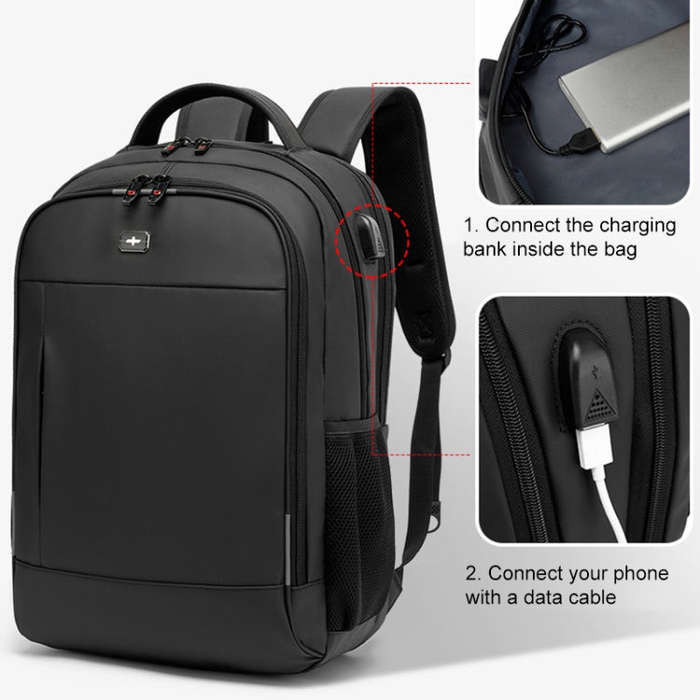 19 inch Multifunctional Large Capacity Waterproof Double-Shoulder Backpack with USB Interface(Black)