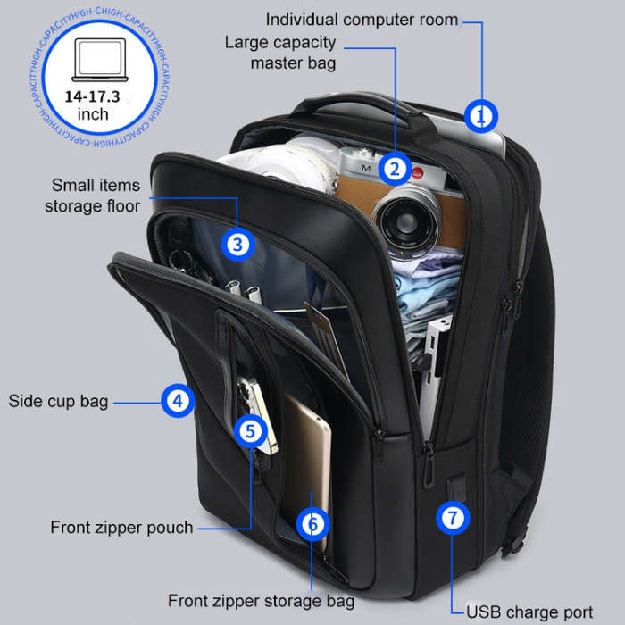 18 inch Multifunctional Large Capacity Waterproof Double-Shoulder Backpack with USB Interface(Black)