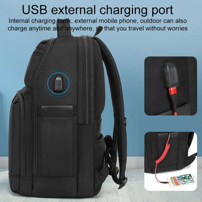 19 inch Multifunctional Large Capacity Waterproof Double-Shoulder Backpack with USB Interface(Black)