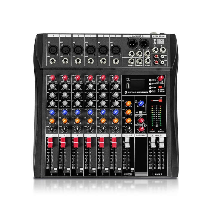 XTUGA CT60X 6-Channels Audio Mixer DJ Mixing Console with 48V Power Supply(EU Plug)