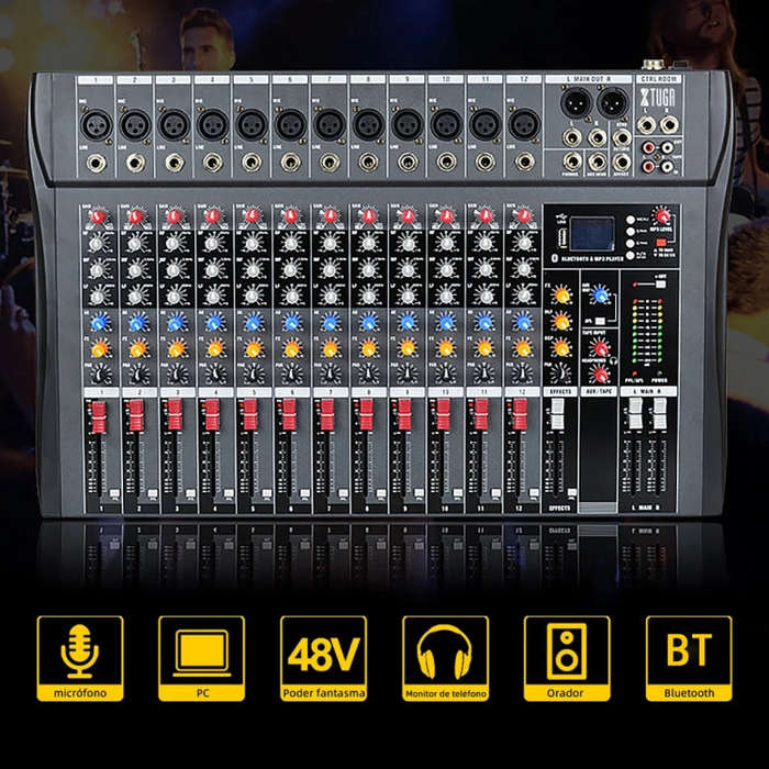XTUGA CT120X 12-Channels Audio Mixer DJ Mixing Console with 48V Power Supply(US Plug)