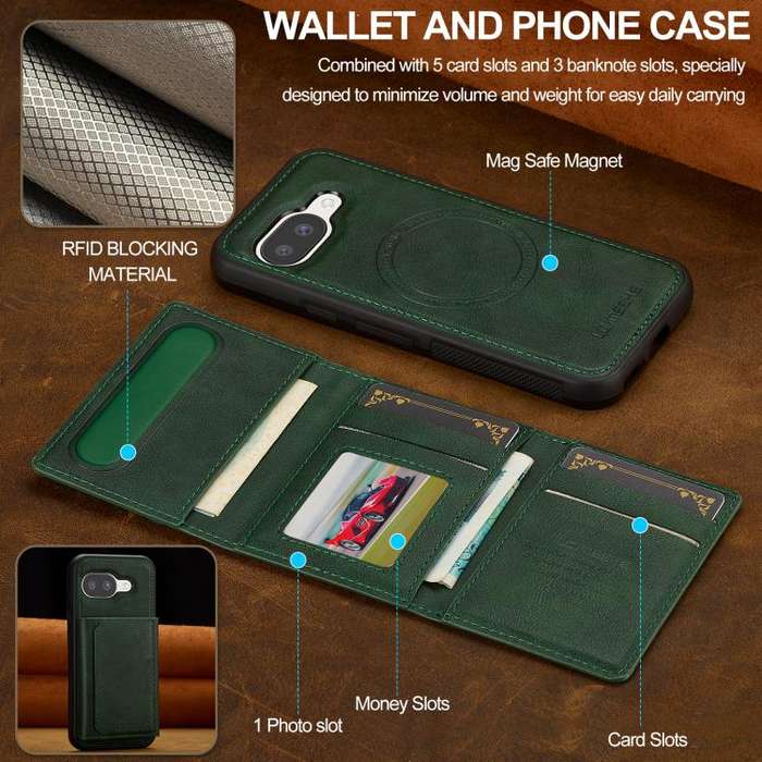For Google Pixel 9a LC.IMEEKE L5 Series Detachable RFID Card Bag Magsafe Phone Case(Green)
