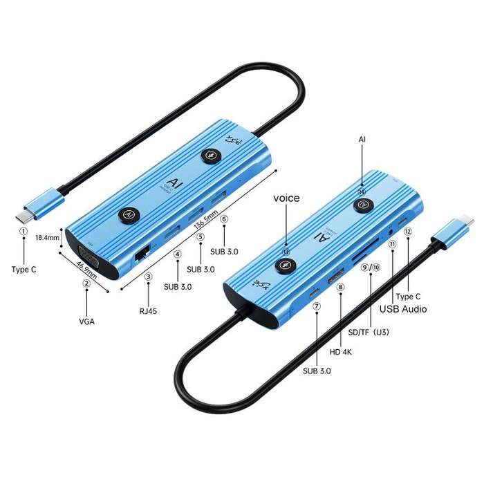 YCE V261 13 in 1 USB-C / Type-C HUB Adapter AI Docking Station(Blue)