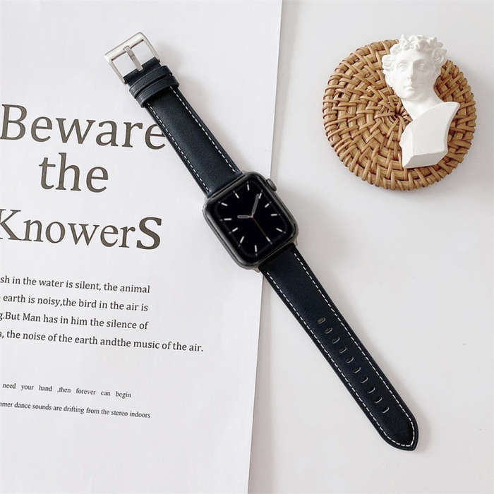 For Apple Watch 5 & 4 44mm / 3 & 2 & 1 42mm V Tail Style Stitching Leather Watch Band(Dark Blue)