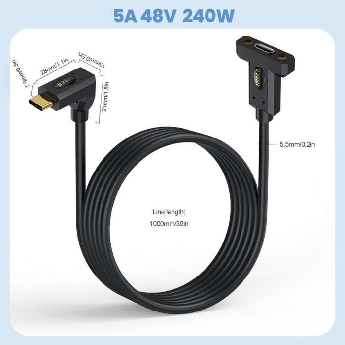 Type-C Straight Elbow to Type-C Female Screw Fixed Panel Extension Cable with Ear, Length:1m