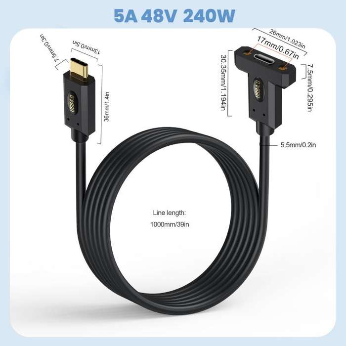 Type-C Male Straight to Type-C Female Screw Fixed Panel Extension Cable with Ear, Length:0.6m