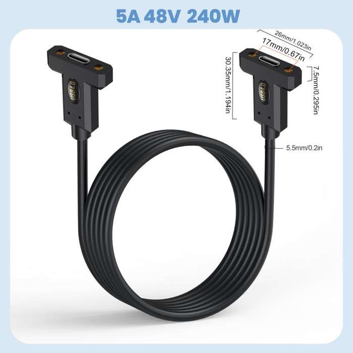 USB4 Type-C Female Ear to Type-C Female Ear Screw Fixed Panel Extension Cable, Length:0.3m